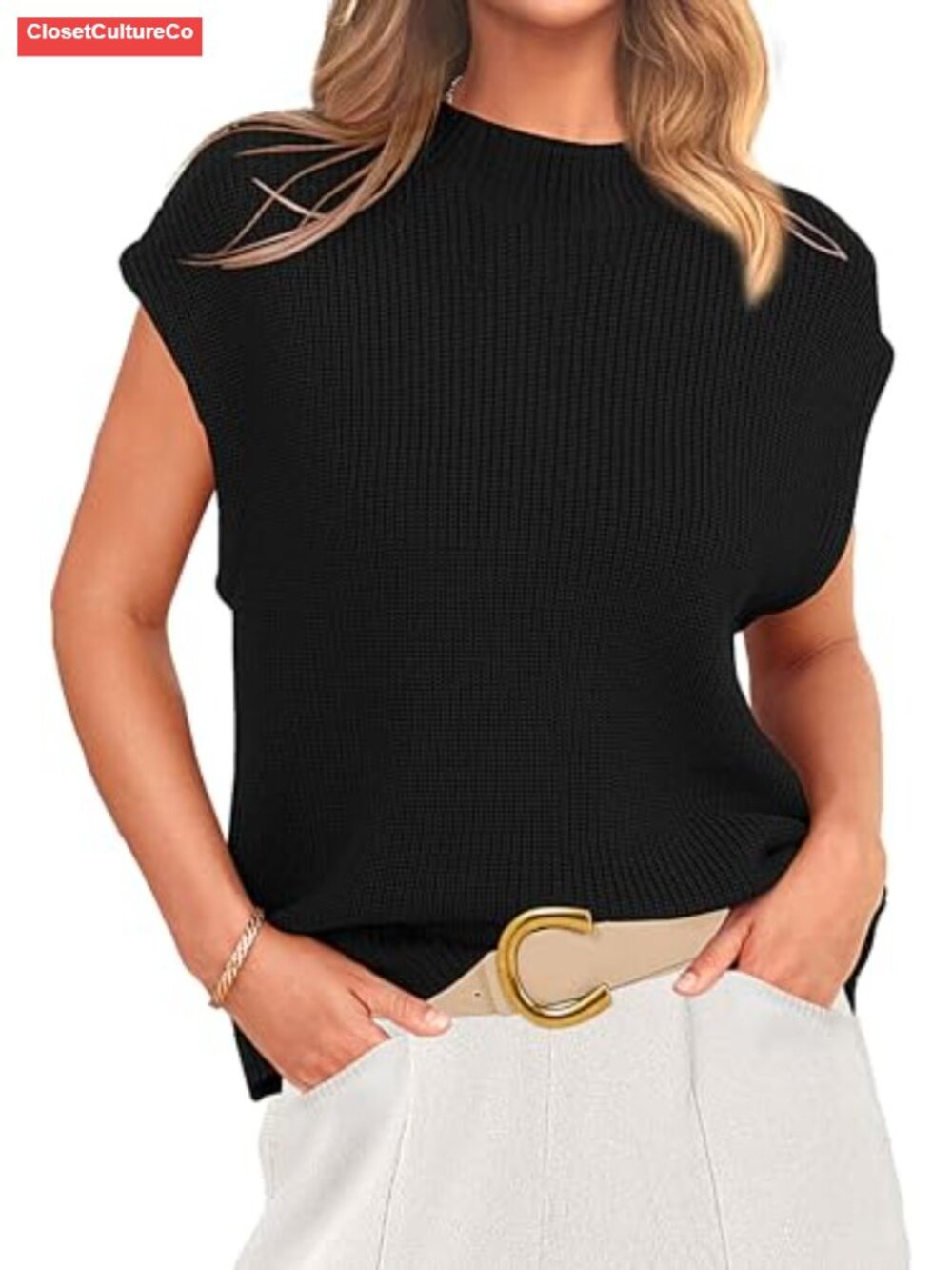 Sleeveless Ribbed Knit Sweater Vest Mock Neck Cap Sleeve Tank Top Work